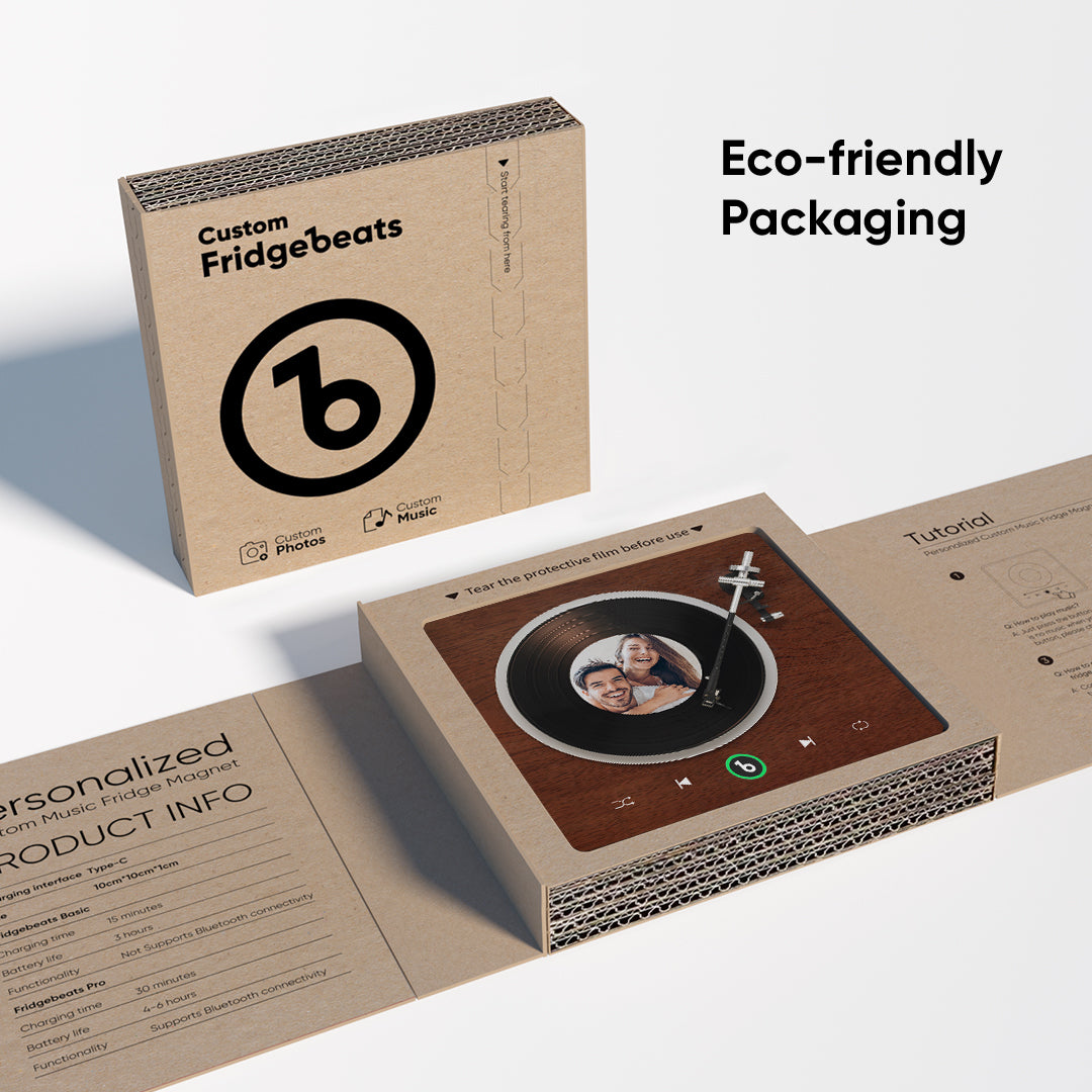 FridgeBeats Framed 4.0 in hand to demonstrate portable size and acrylic durability — personalised MP3 fridge magnet