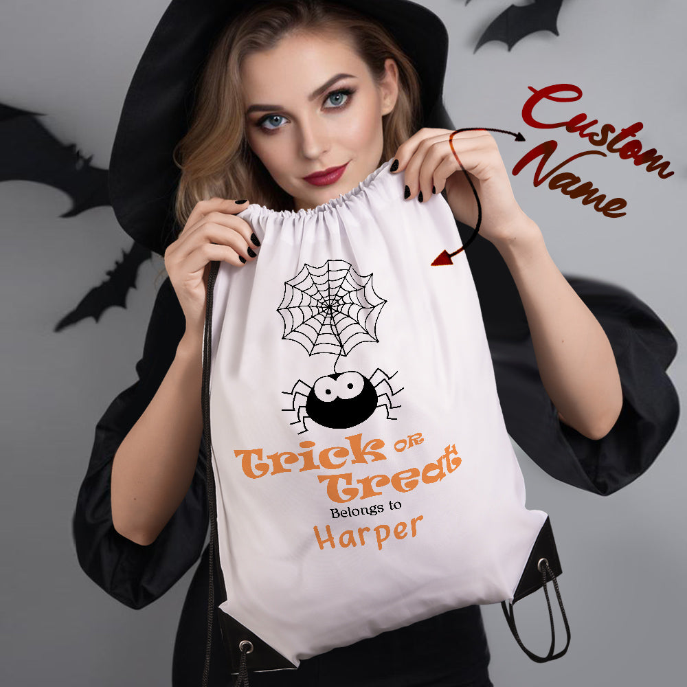 Child wearing personalised Halloween drawstring backpack – custom engraved trick‑or‑treat bag ideal for costume events and party favours