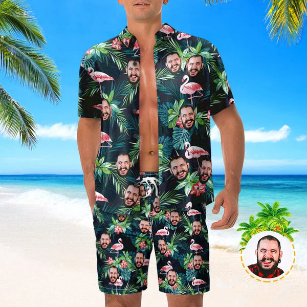 Lifestyle shot of men wearing personalised photo Hawaiian shirts and shorts at the beach — holiday-ready custom outfits for parties and family photos