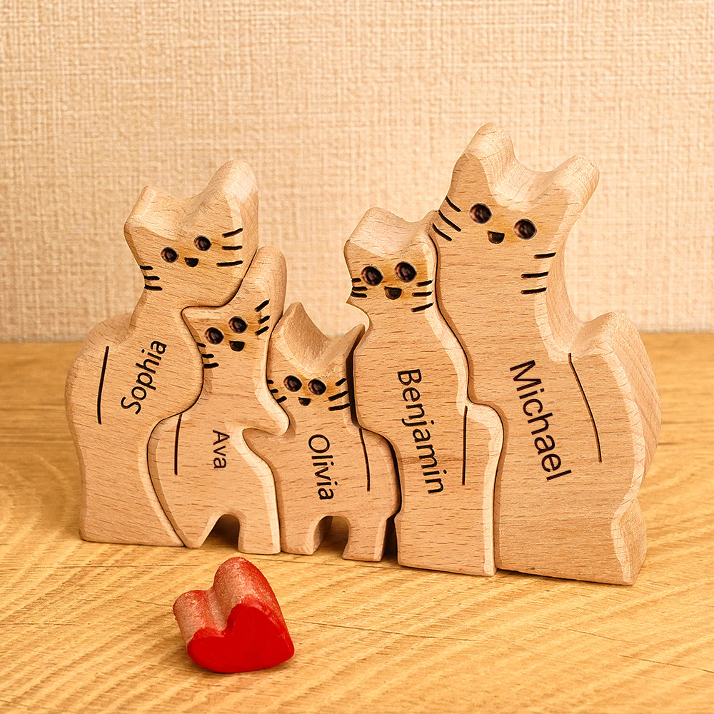 Close-up of Whiskered Wonder handcrafted wooden cat puzzle showing smooth finish and natural wood grain on interlocking pieces