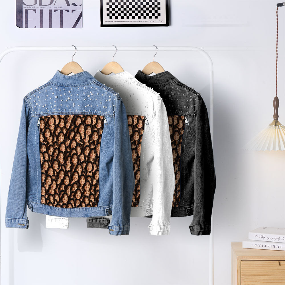 Model wearing personalised pearl-embellished denim jacket, front view showing tailored fit — personalised denim jacket for women (S–5XL)