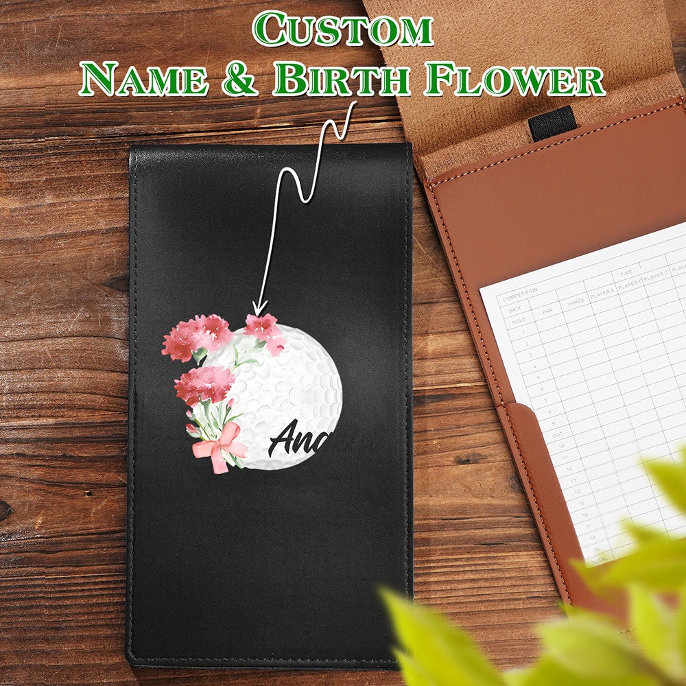Personalised birth flower PU leather golf scorecard holder with name engraving, front view — birthday gift for golfer