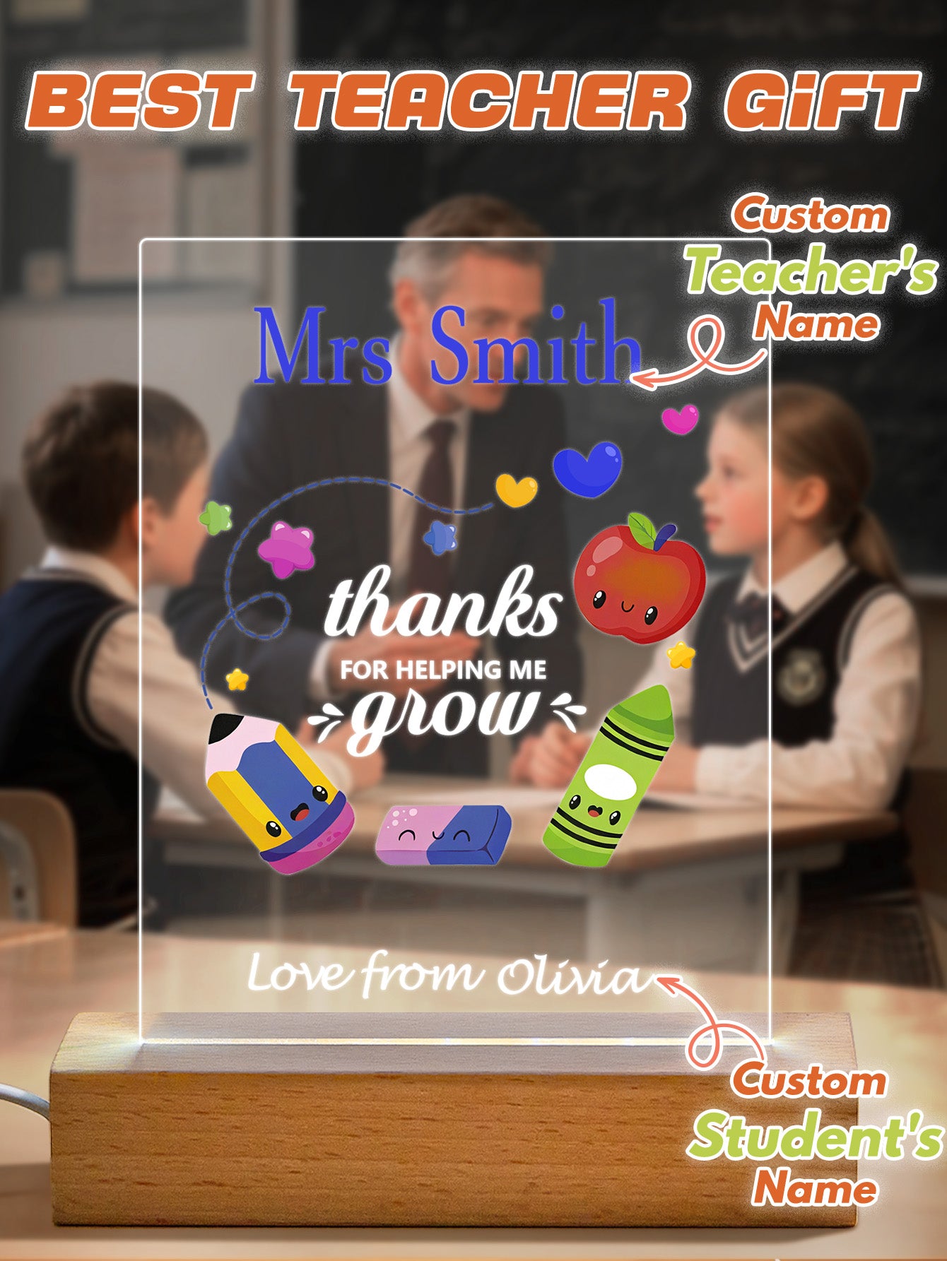 Personalised Engraved Back to School Night Light with Pencil Design - Teacher's Gift & Student Keepsake