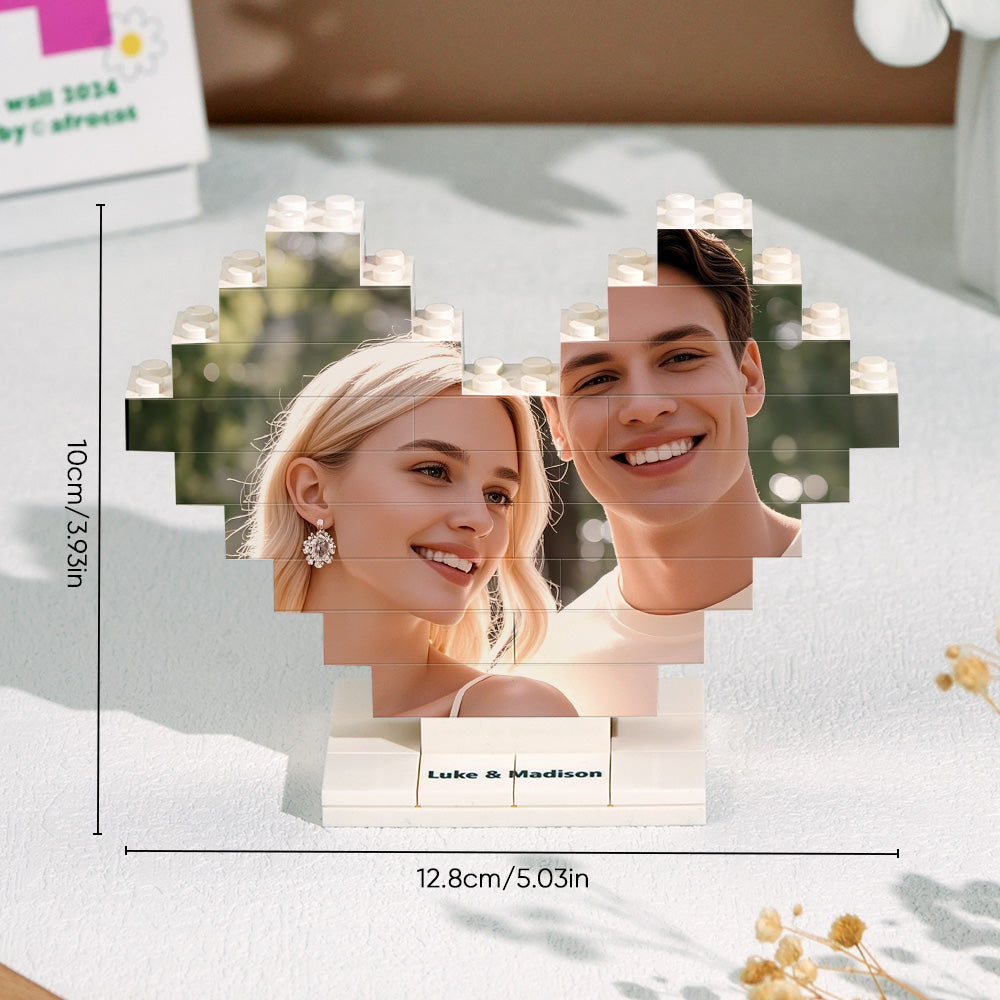 Hand-held personalised heart photo building block showing scale (approx. 12.8cm x 10cm) — a compact custom brick puzzle personalised photo gift