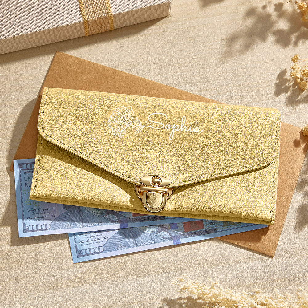 Personalised wallet displayed on a styled marble background for modern product lifestyle photography