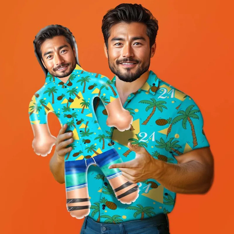 Personalised inflatable doll with custom photo print wearing a tropical Hawaiian shirt for parties