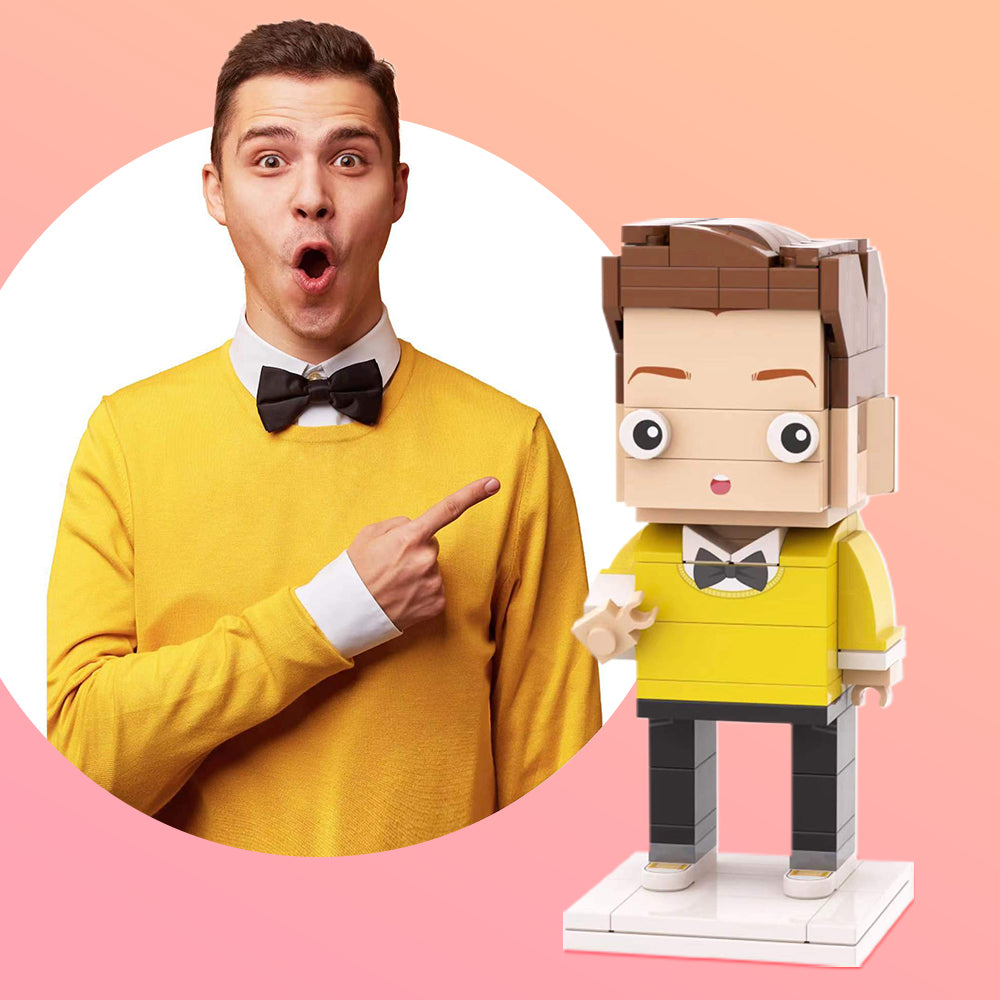 Close‑up of a personalised one‑person custom brick figure — detailed facial expression and hair on a made‑to‑order mini block toy