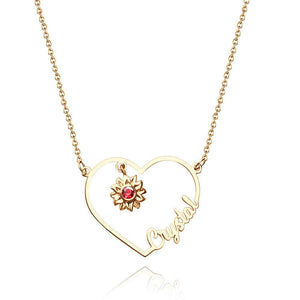 Personalized Heart-Shaped Sunflower Name Necklace with Birthstone Birthday Anniversary Gift for Her