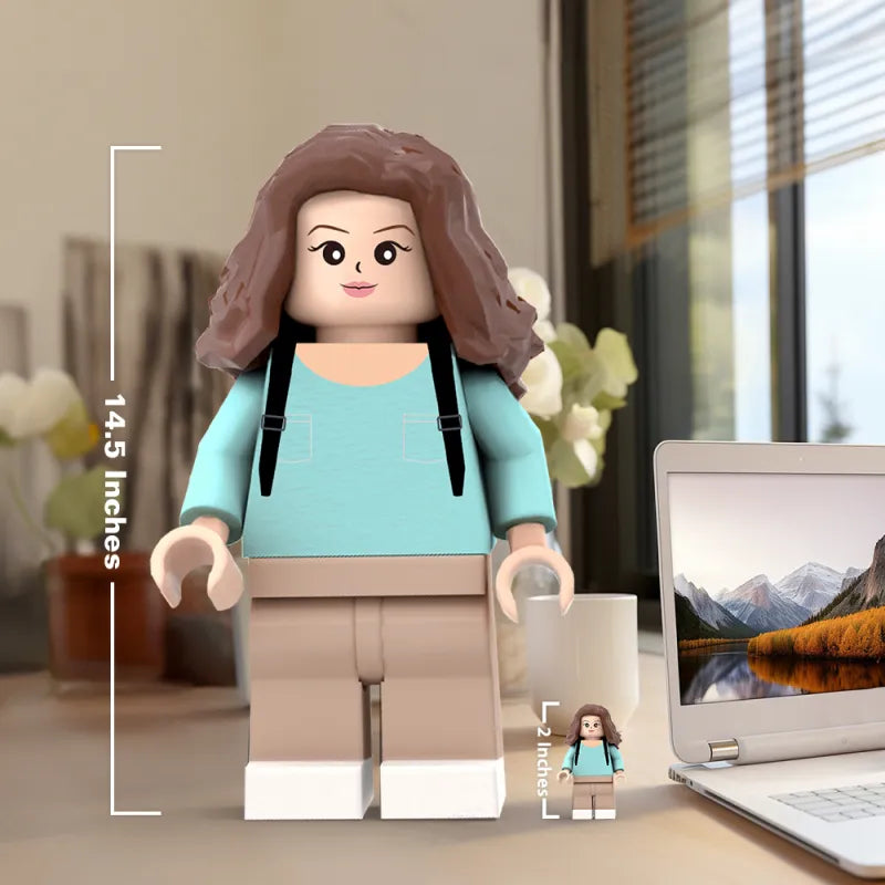Group display of personalised giant minifigs demonstrating costume variety and customisation options for a bespoke photo minifigure gift