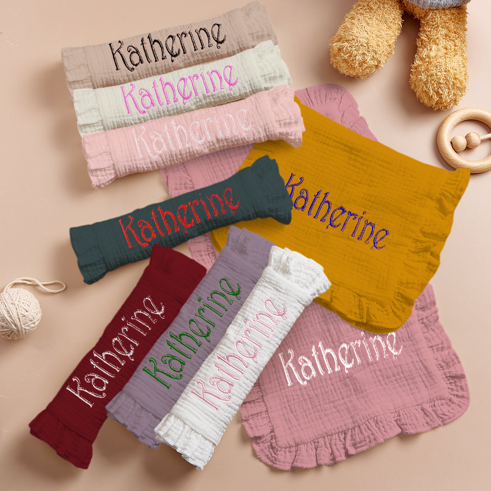 Gift-ready presentation of a personalised baby muslin towel with embroidered name.