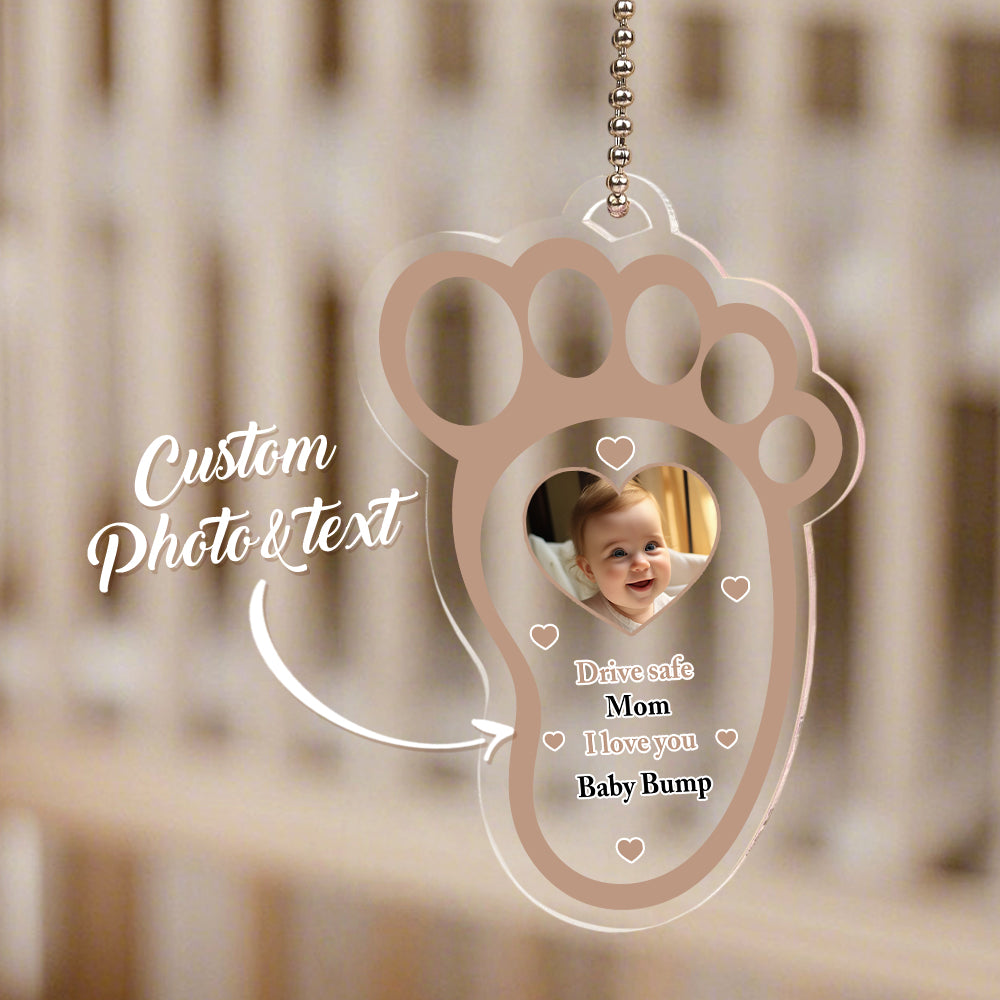 High-resolution photo option for personalised baby footprint car mirror hanger.