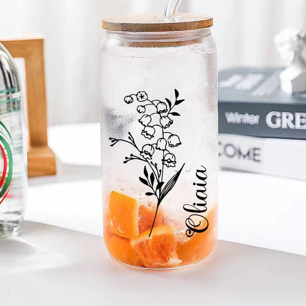 Personalised Name Glass Can with Birth Flower - Custom Gift for Mum, Friends & Bridesmaids