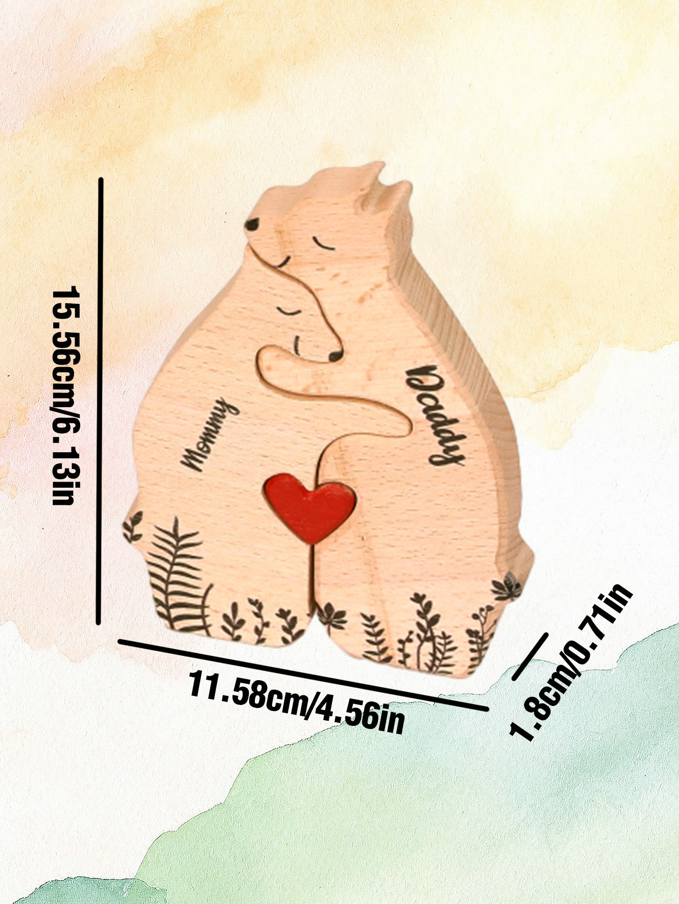 Two sizes of personalised wooden heart bear puzzles shown with dimensions – custom engraved gifts for anniversaries or Mother's Day