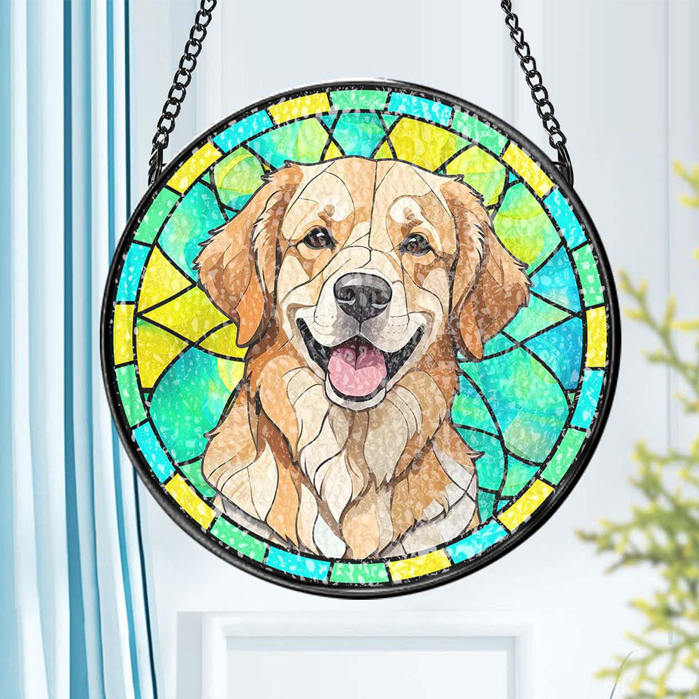 Personalised pet memorial ornament close-up showing coloured stained glass and metal frame — thoughtful sympathy gift for pet lovers