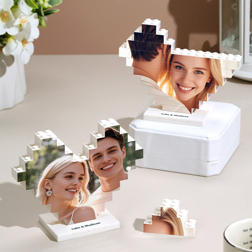 Heart photo building block styled as a gift on a bedside table — personalised photo ornament perfect for anniversaries, weddings or Valentine's Day