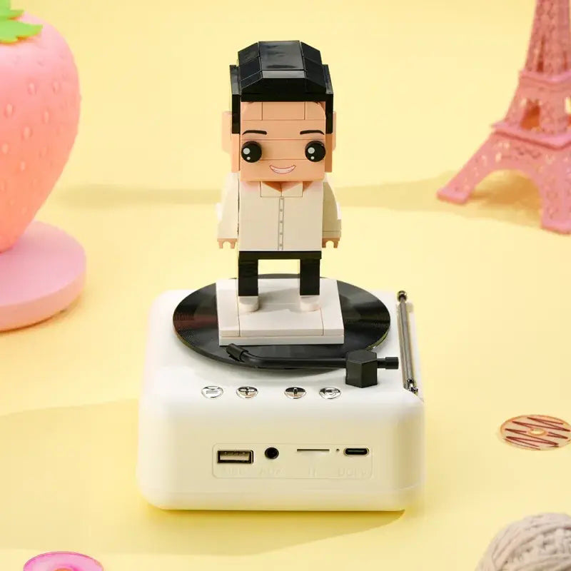 Detailed view of clothing and accessory interpretation in ABS bricks for a personalised brick figure — custom brick figure speaker craftsmanship