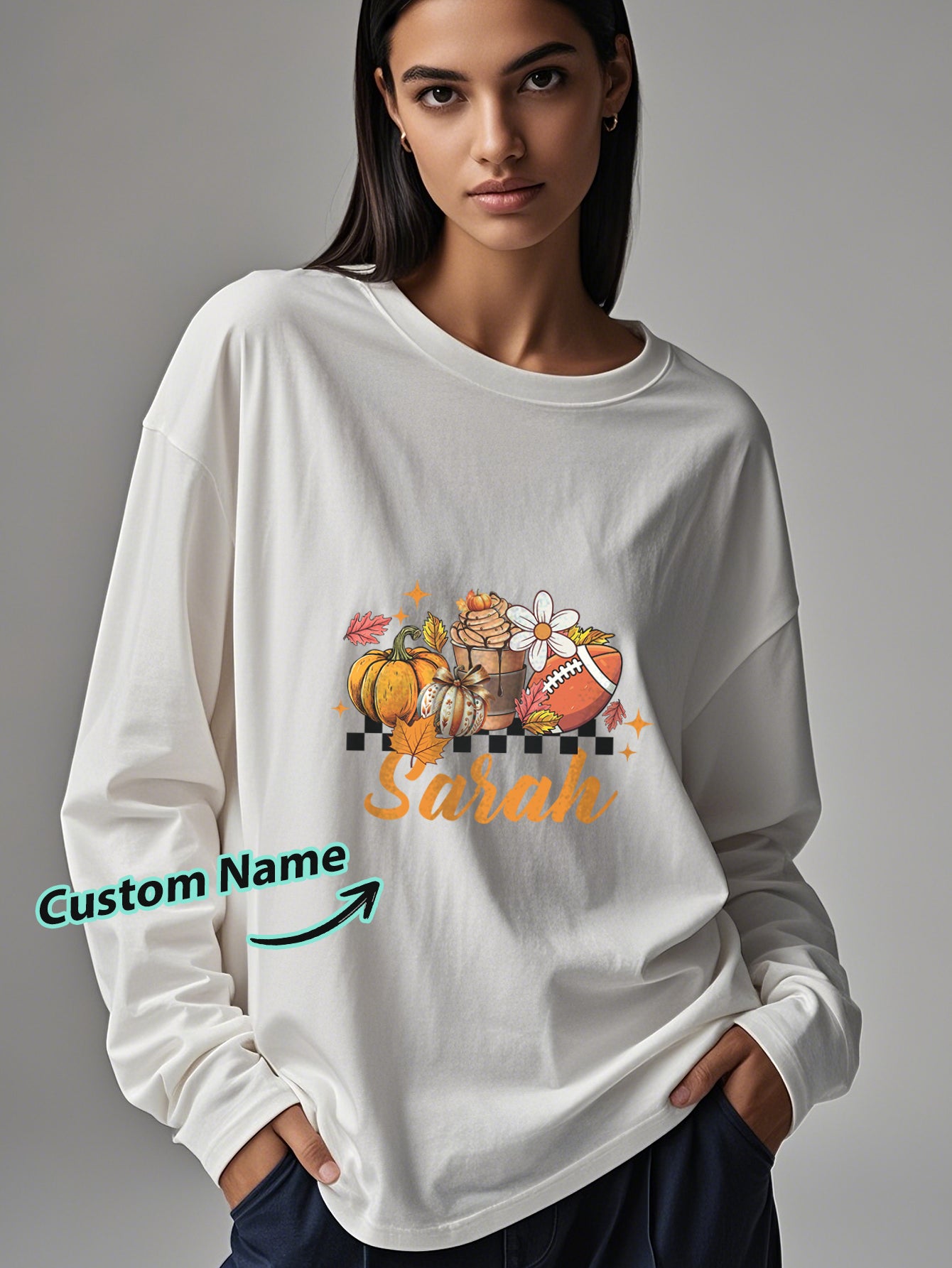 Side profile of personalised Halloween long-sleeve T-shirt highlighting sleeve length and comfortable fit