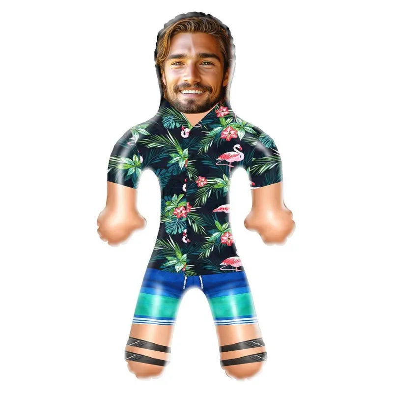 Lifestyle shot of the personalised inflatable doll at a party setting, showcasing its novelty gift appeal