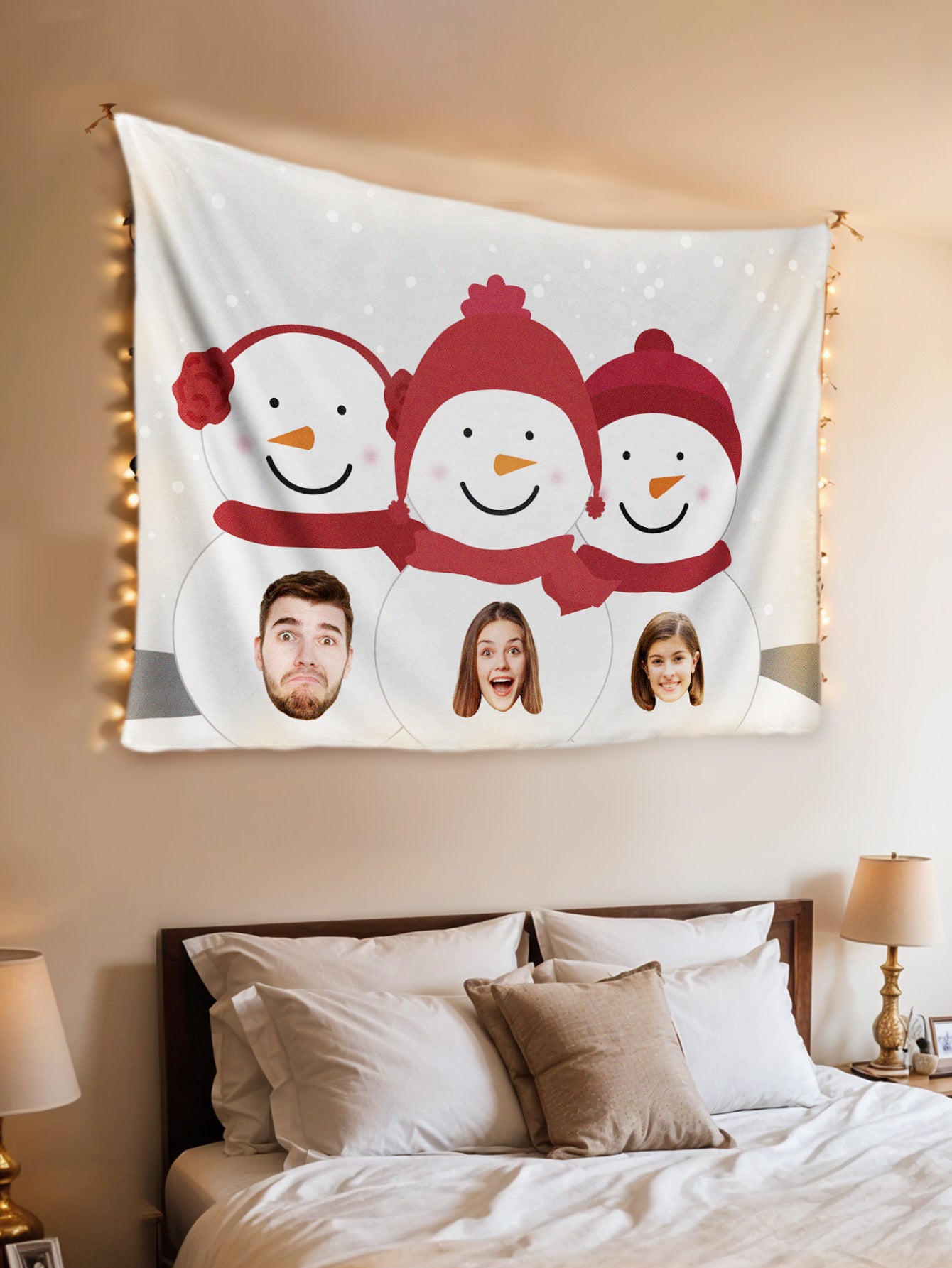 Personalised Photo Tapestry featuring a snowman wall hanging with 1–6 custom faces on the belly, in soft peach skin velvet.