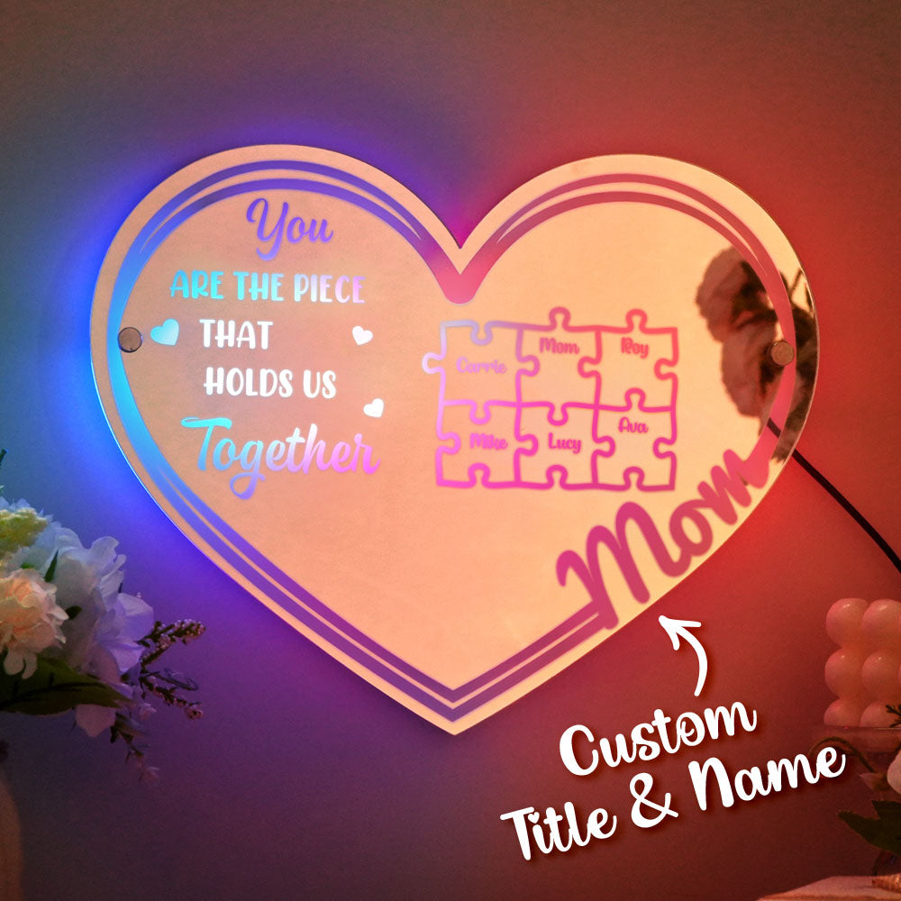 Mirror-finish puzzle sign reflecting home decor on a mantel — personalised Mother's Day gift idea for Mum