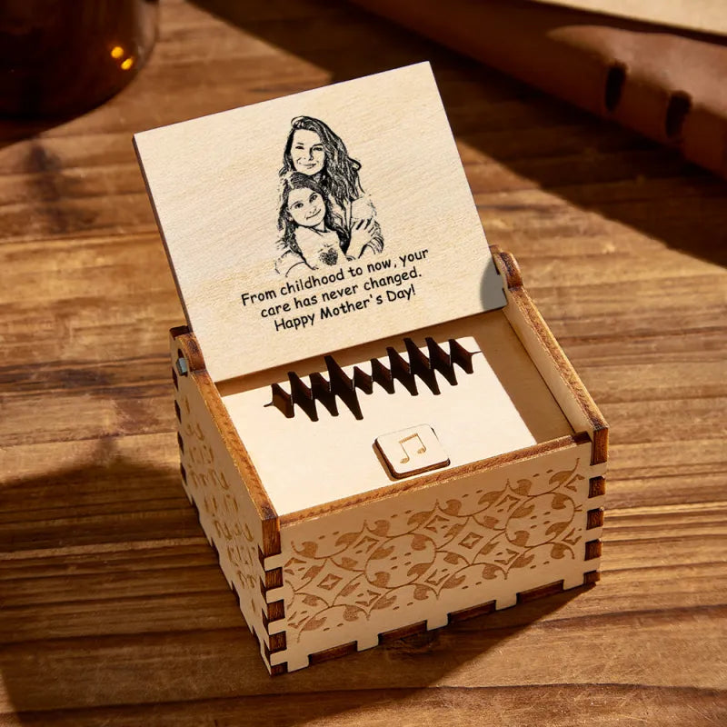 Open personalised wooden music box showing internal speaker and one-touch record button, digital MP3 playback and rechargeable battery detail