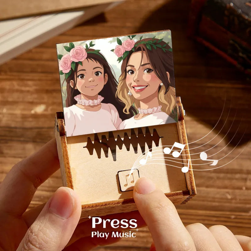 Scale view of personalised anime-style music box beside a hand showing compact 4.9 x 4.2 cm dimensions — perfect anniversary or graduation keepsake.
