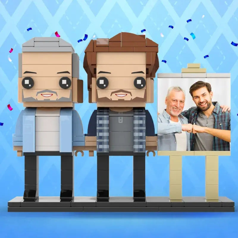 Close-up of customised two-person full-body brick figures in display frame showing personalised hairstyles and clothing