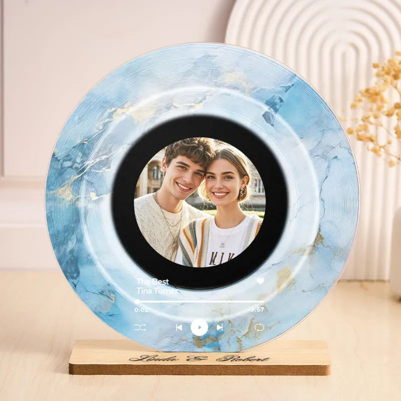 Acrylic vinyl-style plaque displayed on a shelf as a personalised gift – custom photo, MP3 song and engraved message keepsake