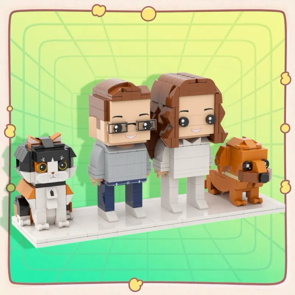 Personalised full-body brick figures of two people with a dog and a cat – custom brick-style figures for an anniversary or birthday, ABS eco-friendly keepsake