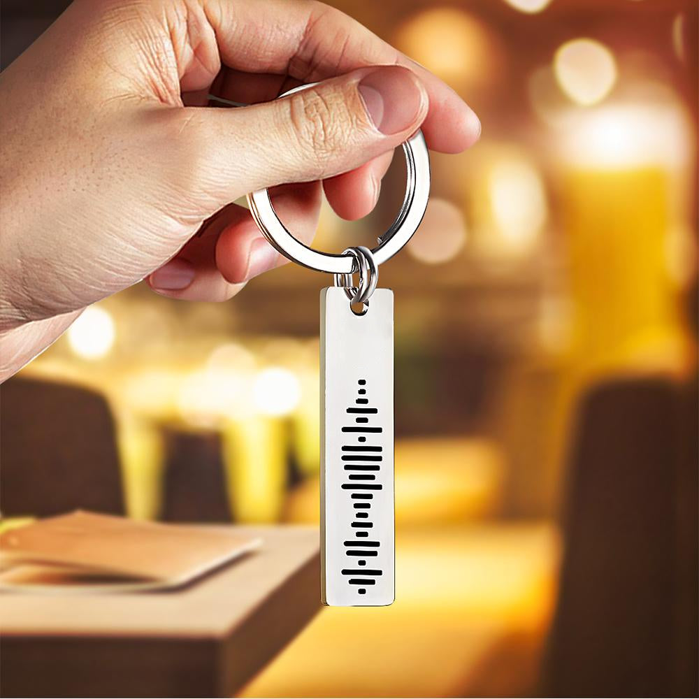 Personalised music code keyring attached to a set of keys – stainless steel Spotify song keychain as a sentimental wedding or birthday gift
