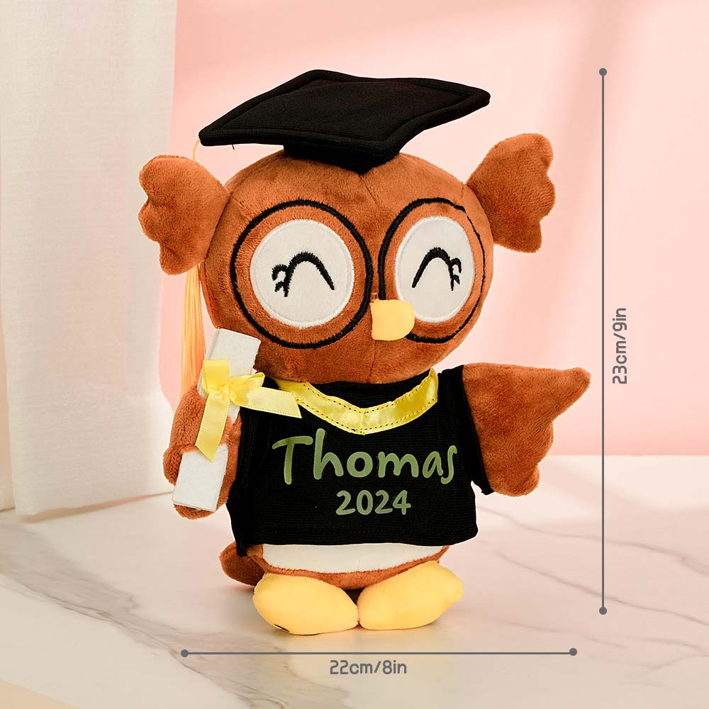 Personalised owl plush displayed on a shelf to show compact 23cm x 18cm size – perfect bedside graduation keepsake