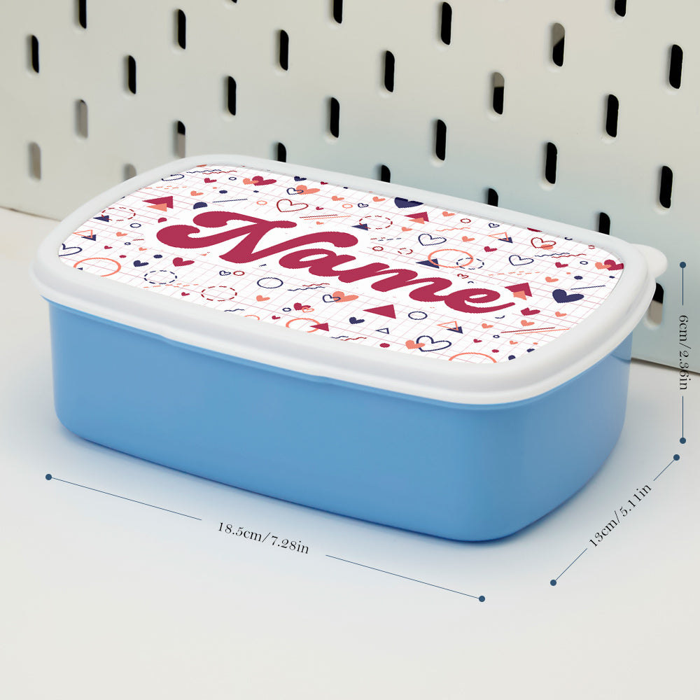 Product specifications graphic showing dimensions and material of personalised lunch box — 18.5 cm x 13 cm x 6 cm plastic custom kids lunchbox, care: wipe clean or hand wash