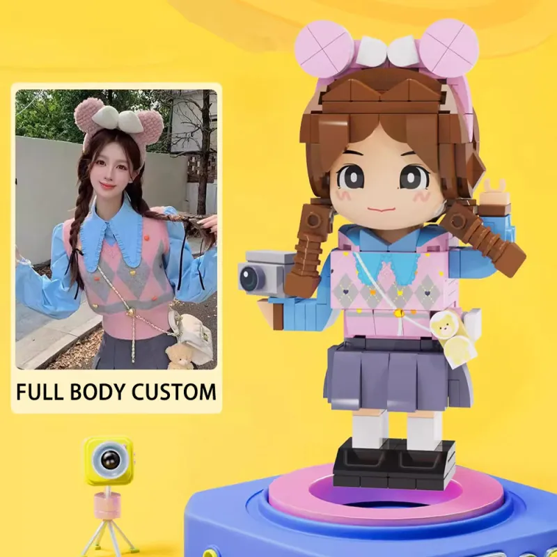 Customised full‑body Duddu brick figure of a woman in Light Nougat skin tone — personalised photo gift for her, Valentine’s Day or birthday keepsake, built from eco‑friendly ABS bricks