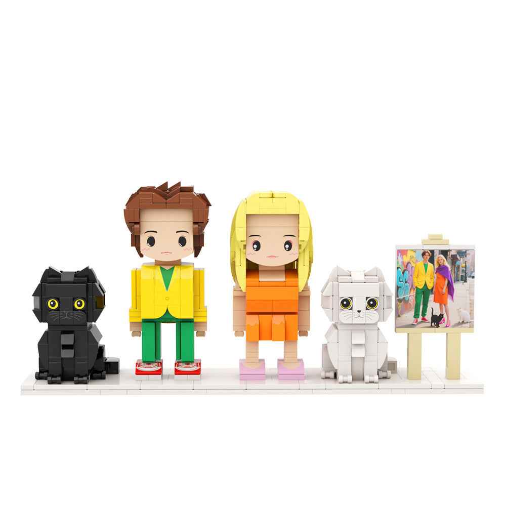 Custom Full-Body Cute Brick Figures of 2 People and 2 Cats with Frame Personalized Anniversary Gift Birthday Gift