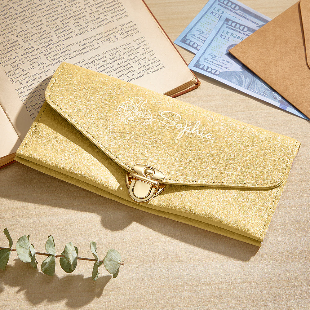 Close-up of metal fittings and clasp on personalised PU leather birth flower purse highlighting quality hardware