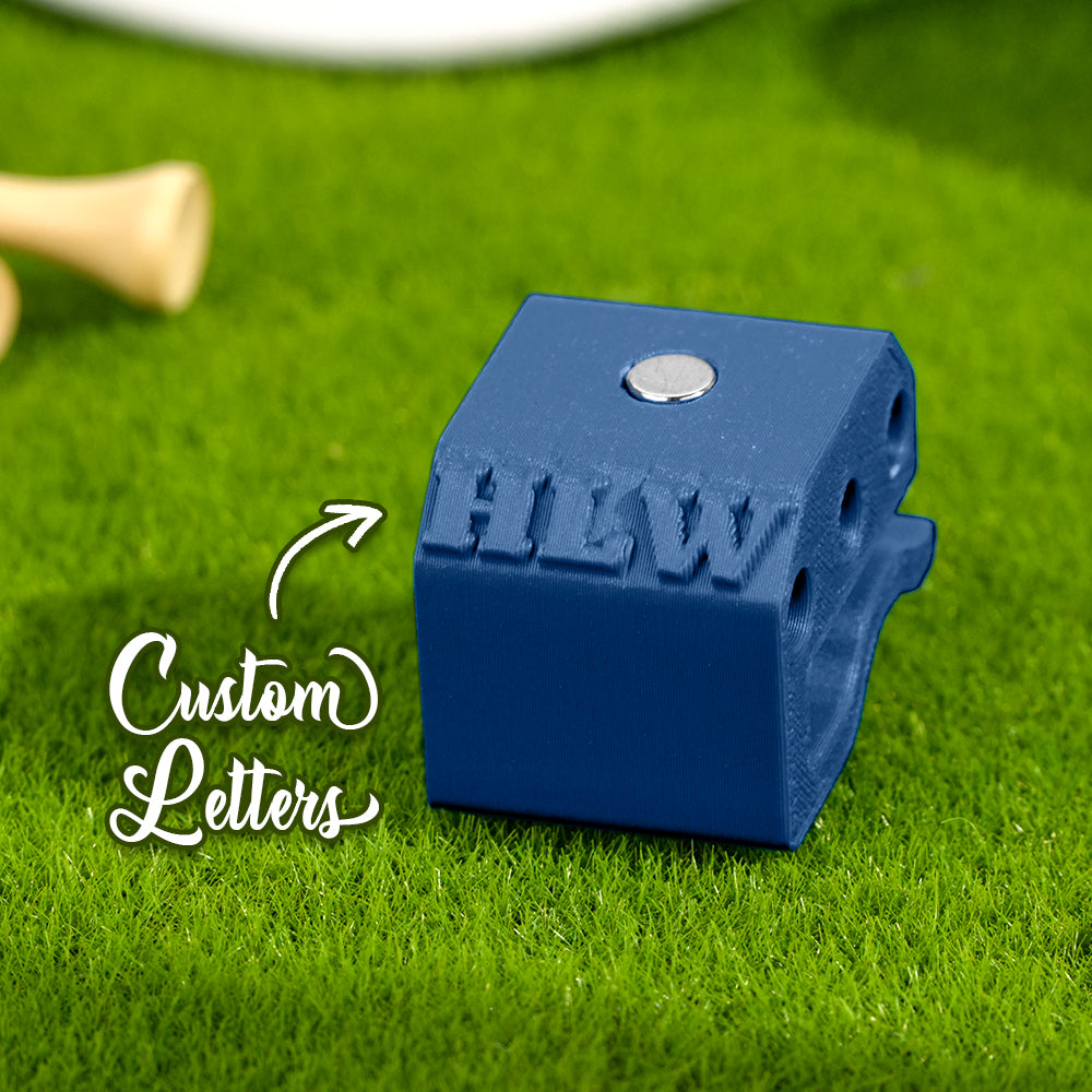 Close-up of PLA 3D printed finish and crisp personalised engraving on a magnetic golf ball marker hat clip