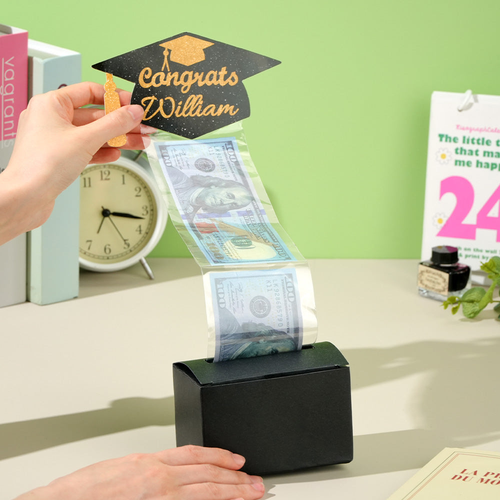 Graduation money holder displayed with dimensions 11×7×8cm, highlighting organised pocket layout
