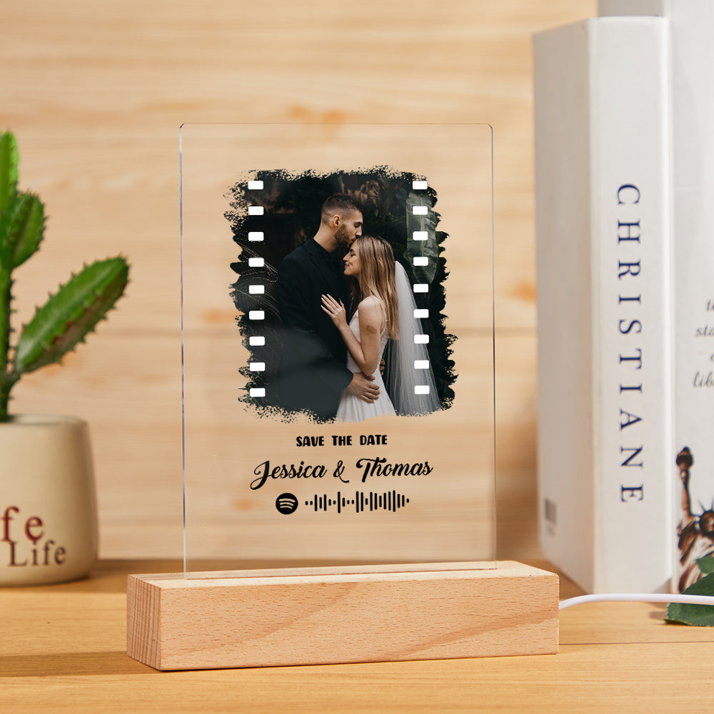 Front detail of the personalised acrylic keepsake, displaying the engraved Spotify code and photo.