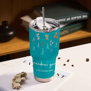 Custom 30oz Insulated Tumbler with Watercolor Birth Flower Name Text – Perfect Birthday Gift for Mom or Grandma