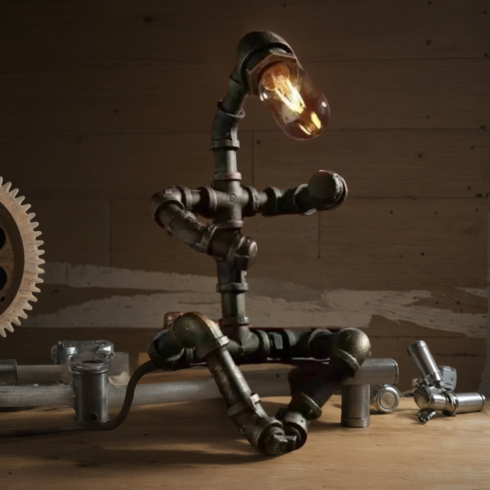 Retro Iron Pipe Robot Table Lamp - Adjustable Creative Bedside Light