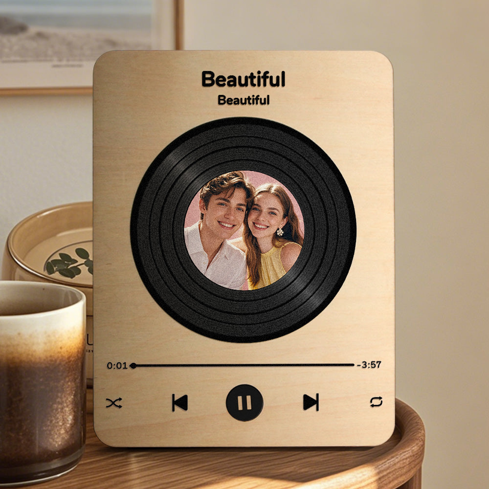 Close-up of personalised wooden record player showing printed photo on the record face — vintage vinyl decor