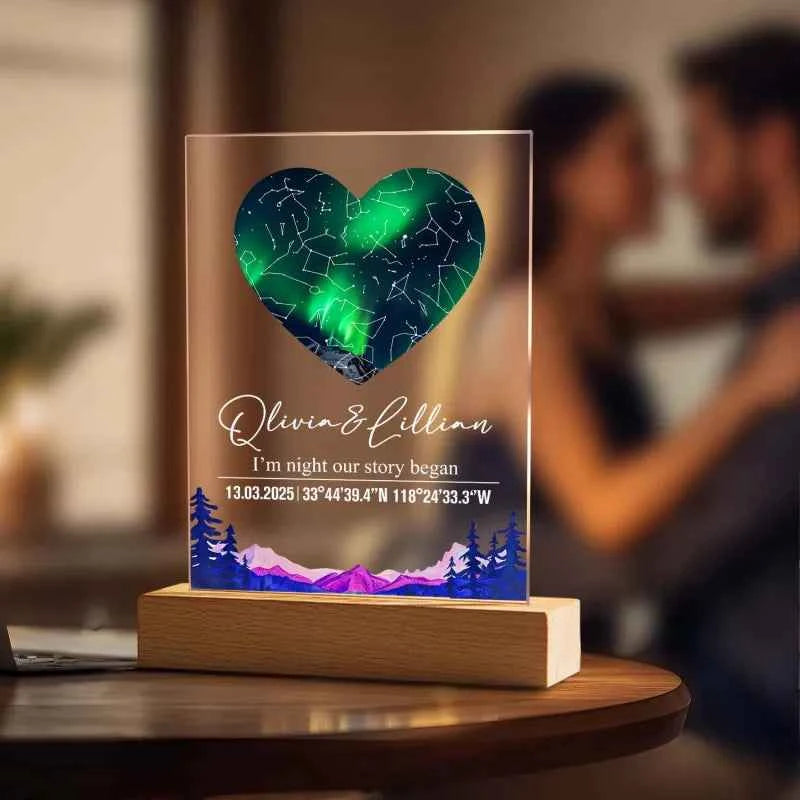 Custom Star Map Night Light Acrylic Lamp with Date Text and Wooden Base Home Decor for Valentine’s Day Anniversary Gift for Couples