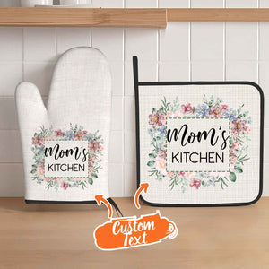 Personalized Flower Insulation Oven Mitt and Pot Holder Set with Text Kitchen Decor Gift for Mom