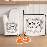 Personalized Flower Insulation Oven Mitt and Pot Holder Set with Text Kitchen Decor Gift for Mom