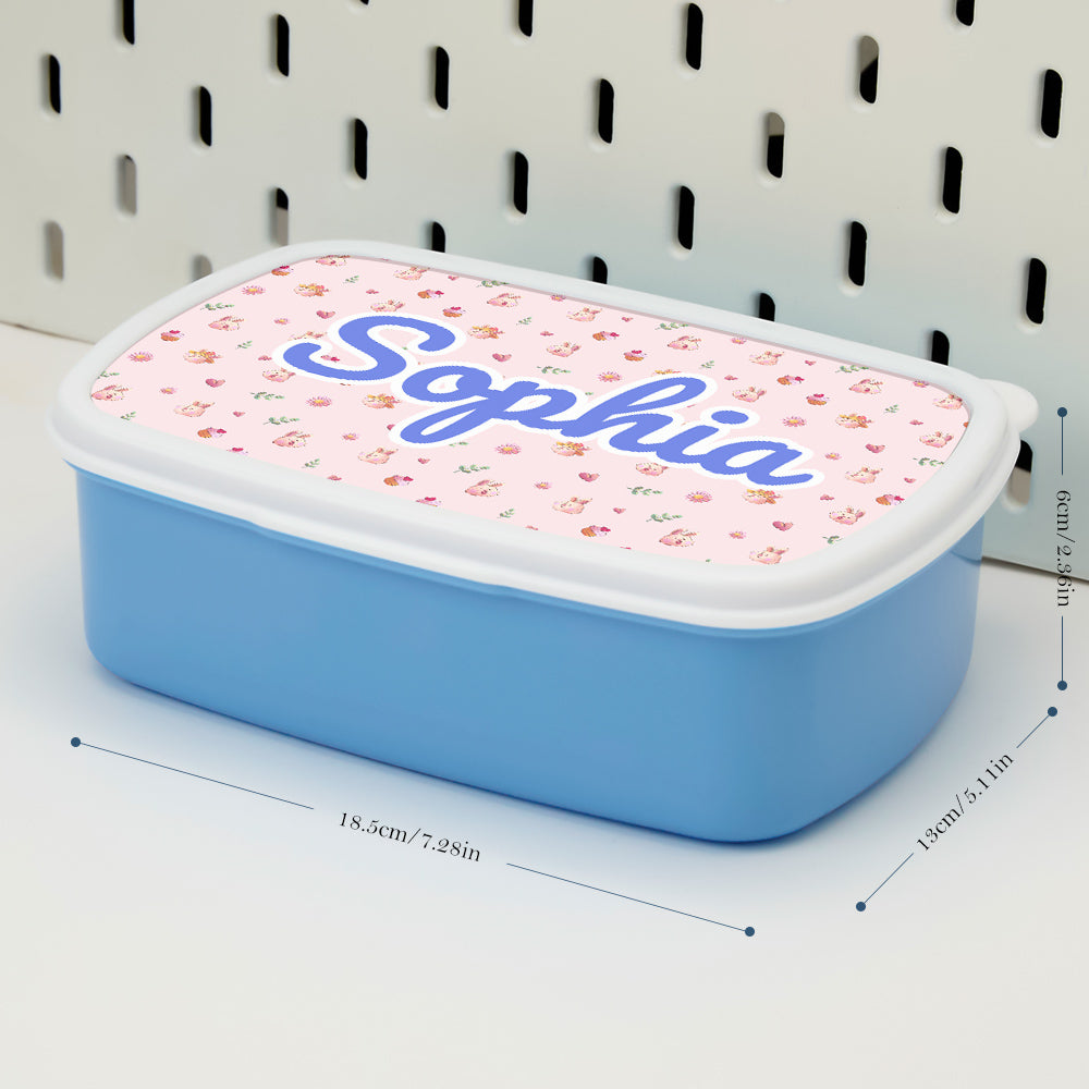 Multiple-angle pack shot of the personalised cute cartoon rabbit lunch box showing wipe-clean plastic and durable build