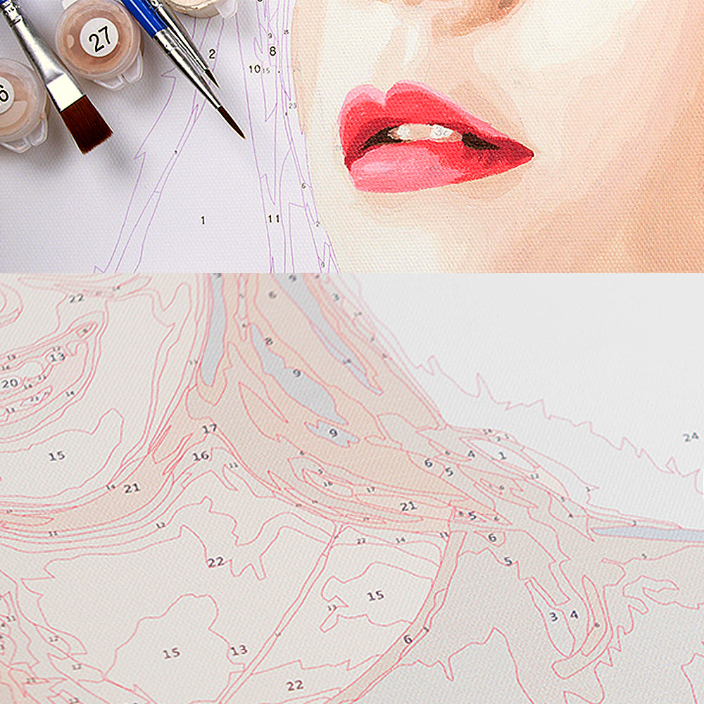 Close-up of pre-printed numbered canvas with brush applying paint — personalised paint by numbers for accurate tones and smooth coverage