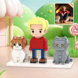 Custom Full-Body Cute Brick Figures of 1 Person and 2 Cats Personalized Anniversary Gift Birthday Gift