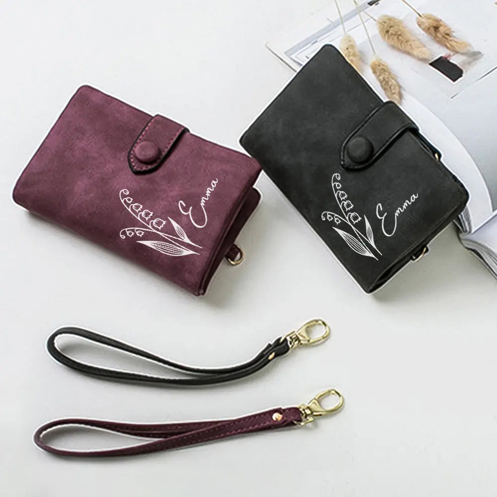 Close‑up detail of custom name and birth flower print on smooth PU leather of the personalised wallet card holder — high‑quality customised birthday gift