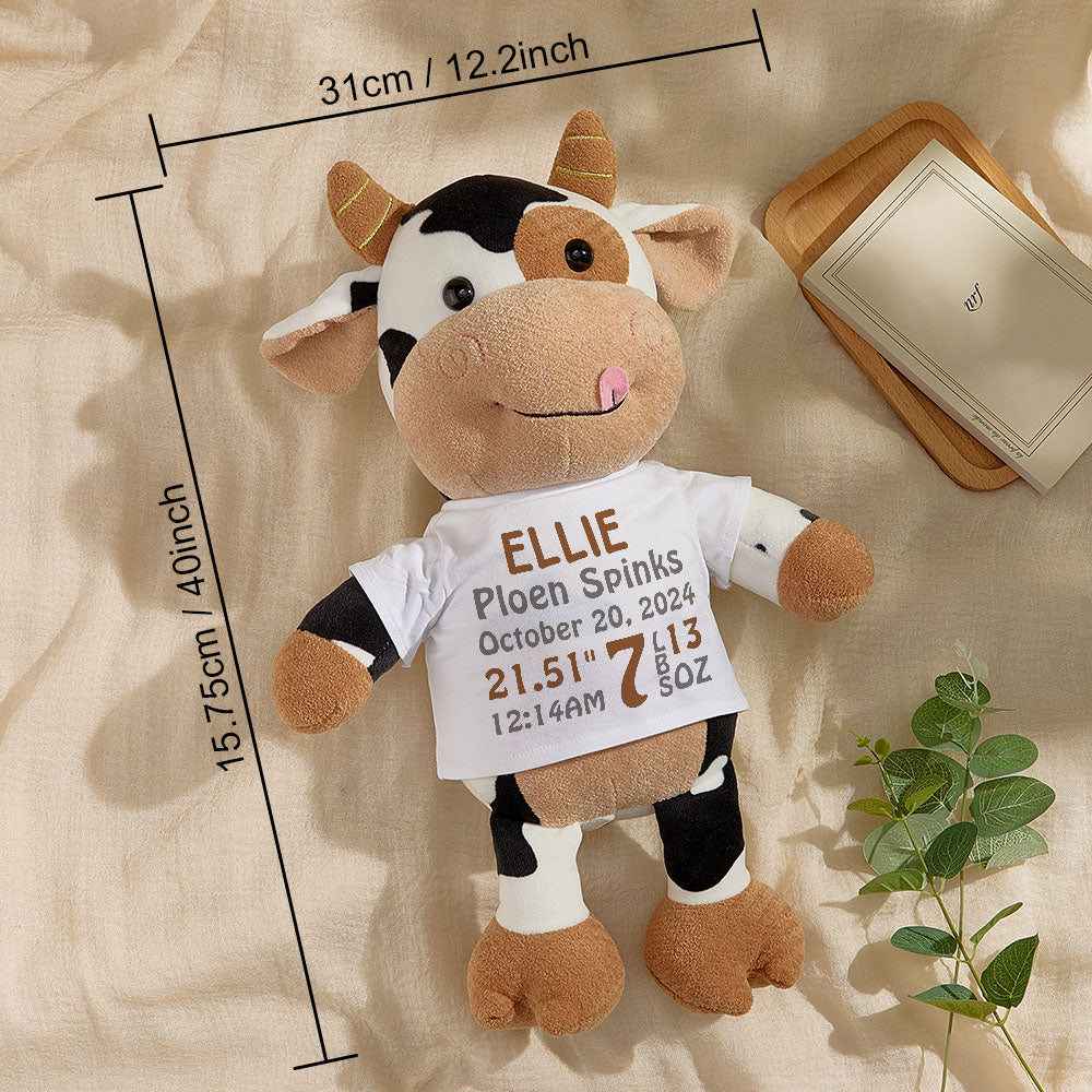 Detail shot of premium plush fabric and PP cotton filling on personalised cow toy highlighting softness and child-safe materials