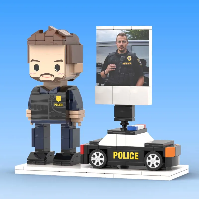 Personalised police-theme brick-style mini figure in a simple pose with standard accessory — ideal custom gift for graduations and birthdays